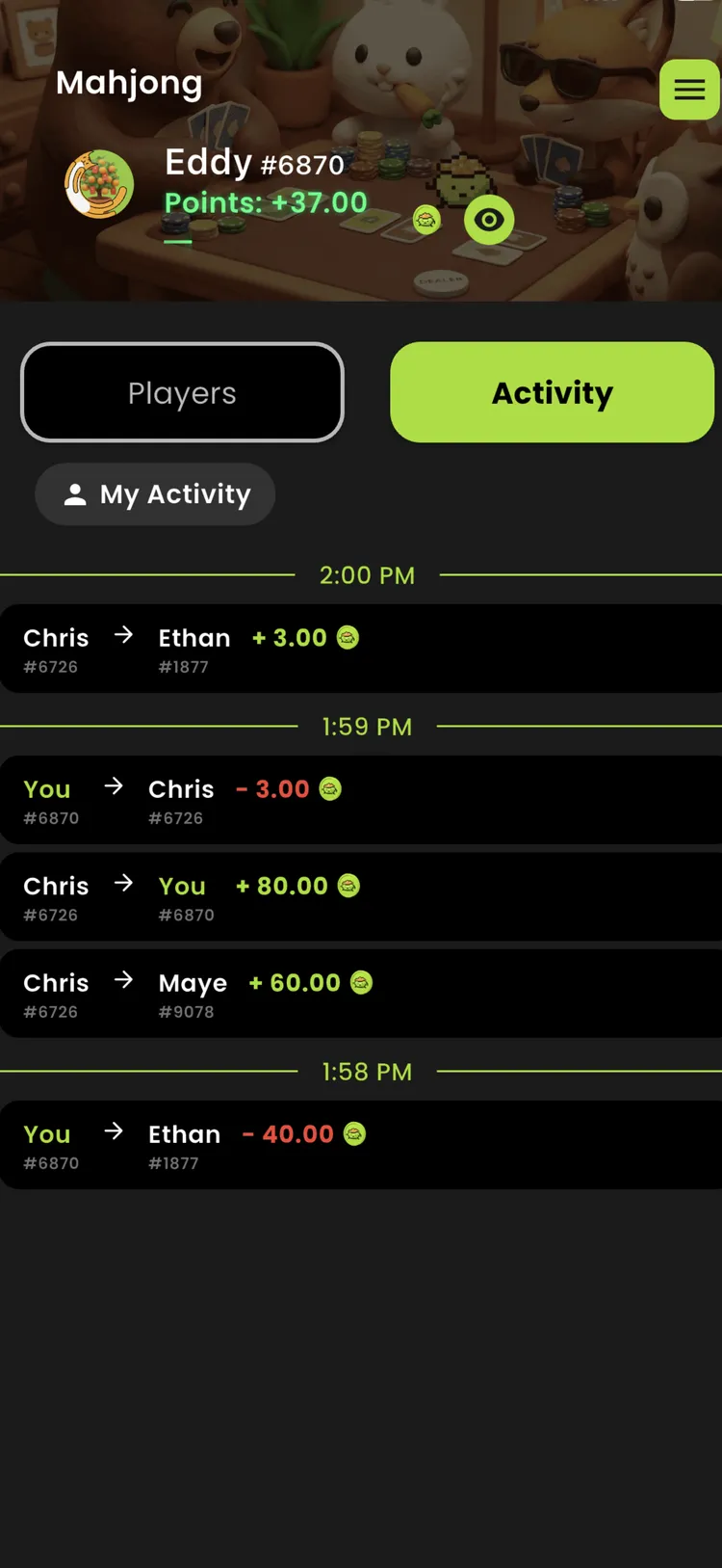 PartyPot mahjong activity log listing every money transfer with timestamps