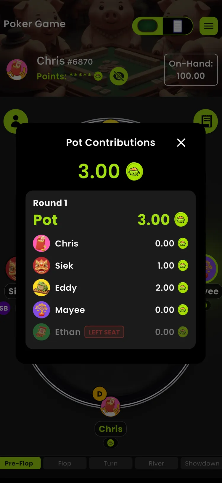 PartyPot Poker Mode per-player pot contributions breakdown