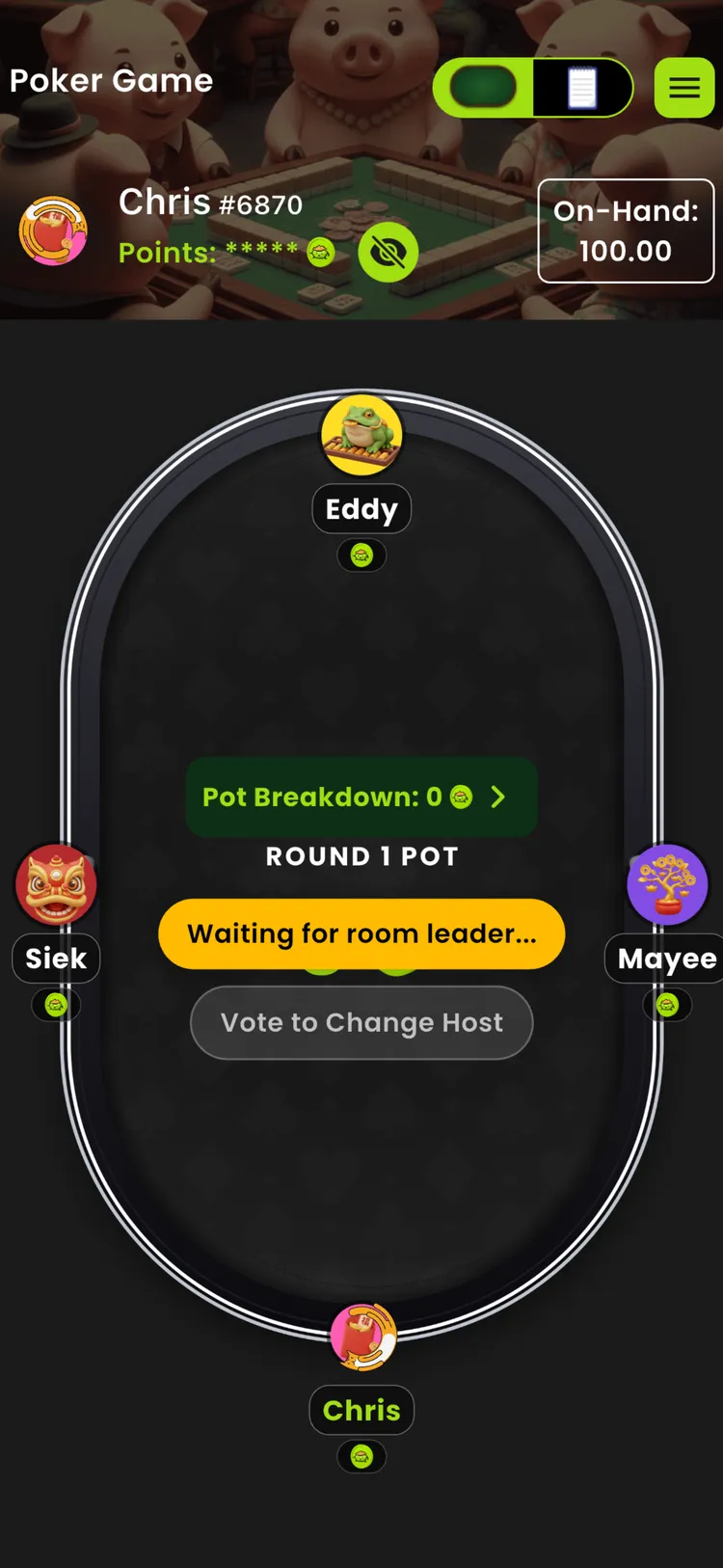 PartyPot Poker Mode live table on a phone